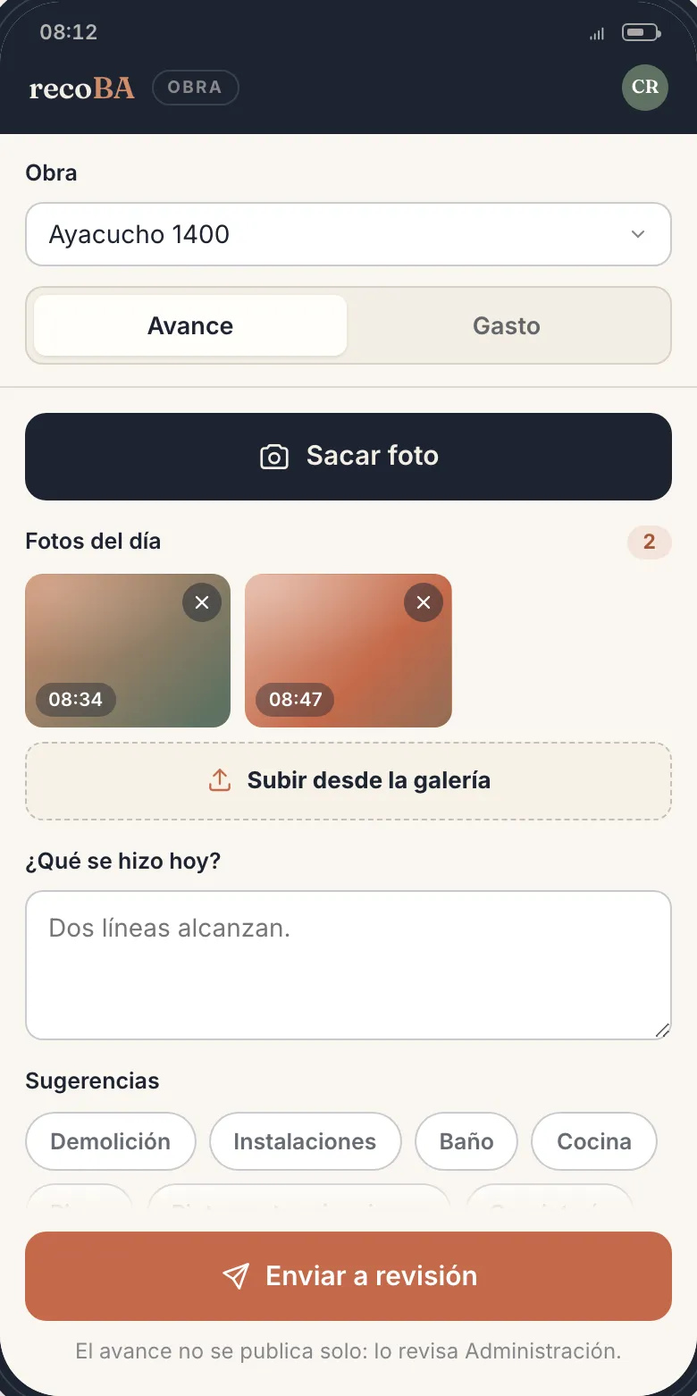 Carga de un avance de obra desde el móvil en tres pasos: foto, fase y nota